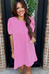 Corded Knit Crew Neck Puff Sleeve Shift Mini Dress